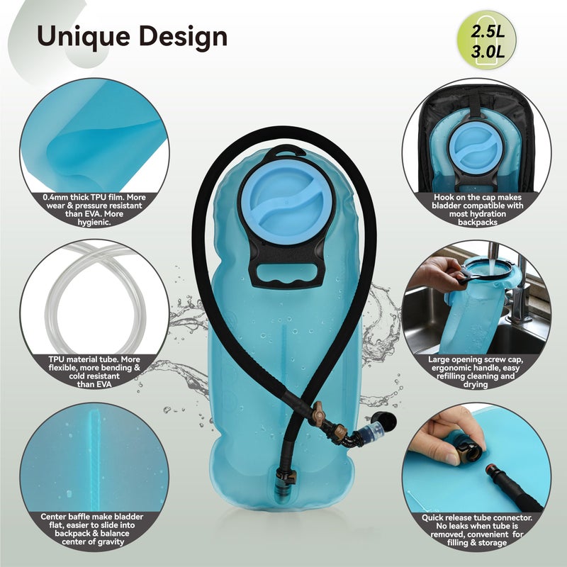 MARCHWAY 2L/2.5L/3L TPU Hydration Bladder, Ultra Durable Water Reservoir Bag with Insulated Tube for Hydration Pack for Cycling, Hiking, Running, Climbing, Biking (3L Blue 100oz) - Image 3